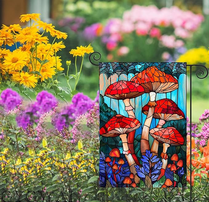 Stained Glass Mushroom Spring Garden Flag 12x18 Inch Double Sided, Small Burlap Yard Flag for Seasonal Farmhouse Outside Outdoor Decor