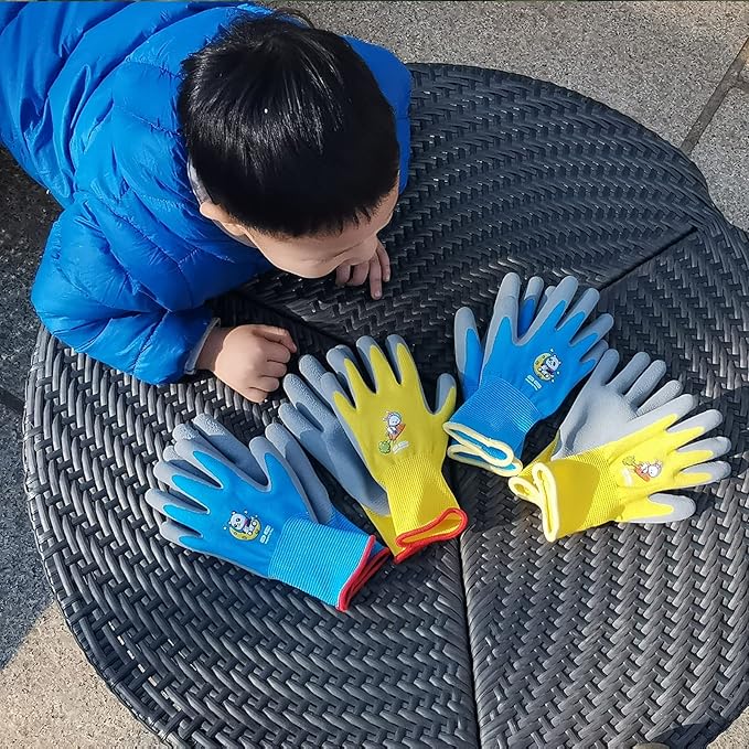 KDK Ages 3-5 Kids Gardening Gloves,Yard Work Gloves for Toddlers, Youth, Girls, Boys, Childrens, Soft Safety Rubber Glove (XXXS Age 3-5, 3 Pairs Yellow, Light Blue & Pink)