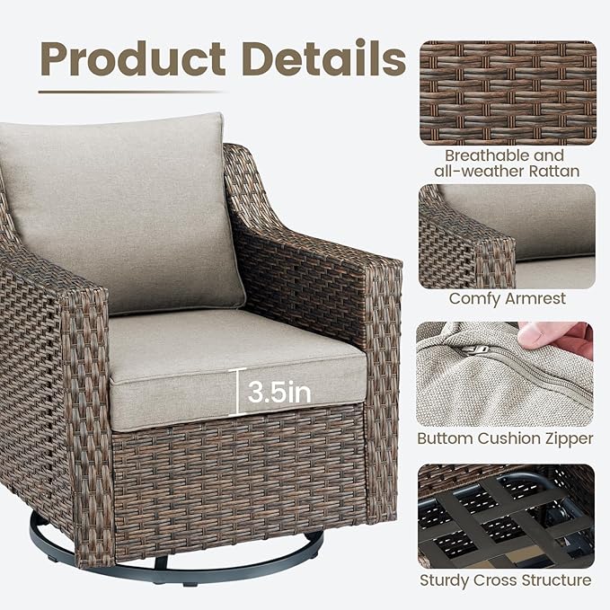 Outdoor Wicker Patio Furniture Set - 5 Piece Outside Rattan Conversation Bistro Dining Chair Sets with Rocking Swivel Chairs, Ottomans and Side Table for Porch Yard Balcony – Brown/Beige