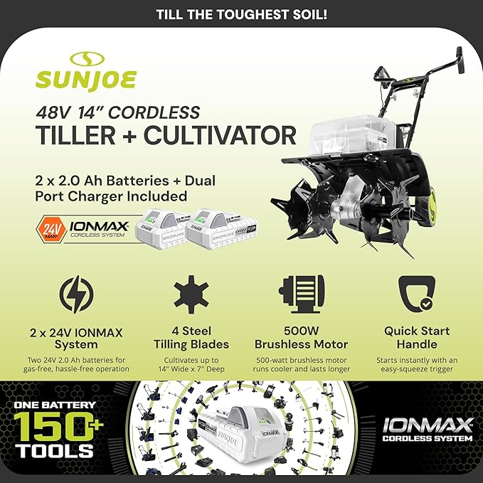 Sun Joe 24V Cordless Garden Tiller Cultivator Kit with Battery and Charger for Weeding, Soil Aeration and Prepping Plant Beds, Black, 24V-X2-TLR14