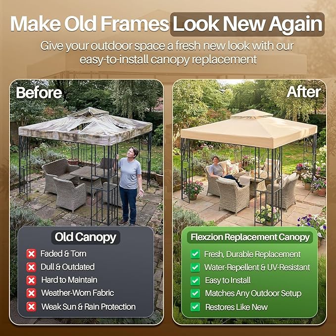 Flexzion Gazebo Cover Replacement Canopy Top 10x10 Ft (3m x 3m) - Double Tier Top Canopy Cover Replacement with UV30+, Dirt, Water Resistant for Outdoor, Sunshade, Garden, Patio, Pavilion (Beige)