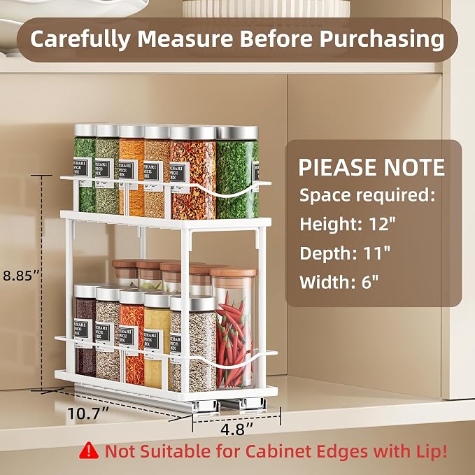 Bunoxea Pull Out Spice Rack 2 Pack,Slide Out Cabinet Spice Rack,White