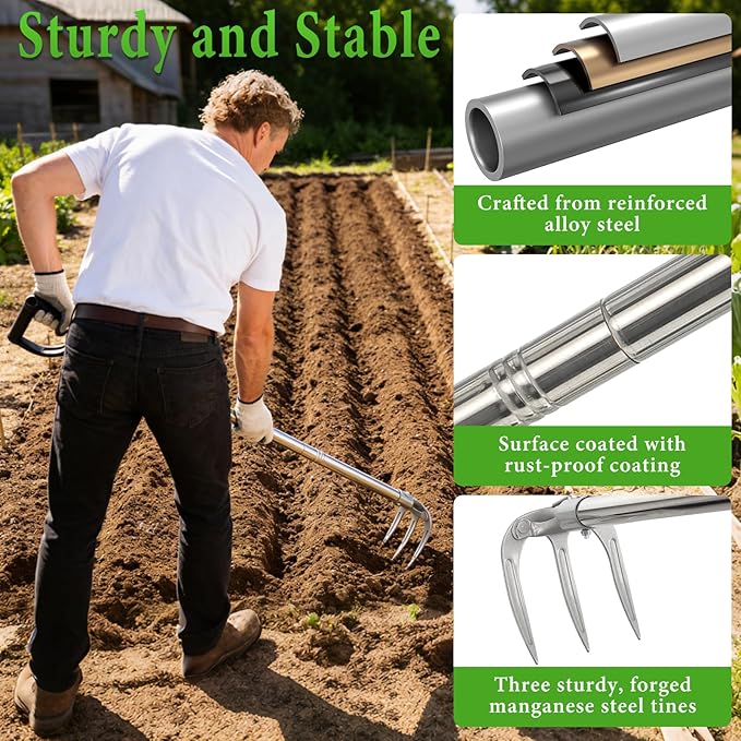 Hand Rake Garden Tool - 75" Long Handle Potato Cultivator Weeding Rakes, 3-Tine Heavy Duty Carbon Steel with D Grip for Raised Garden Beds