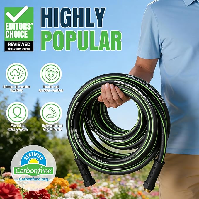 Non-Expandable Garden Hose 50ft, Lightweight Flexible Hose, Kink Resistant, Solid Fittings, 5/8 Inch, 600 PSI, Ideal for Medium Yard, Garden Watering