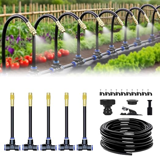360° Adjustable Drip Irrigation System - 17FT Garden Watering System with 5 Nozzles, Garden Irrigation System, Greenhouse Accessories, Atomizing System for Yard, Lawn, Plants, 5/16 inch Hose
