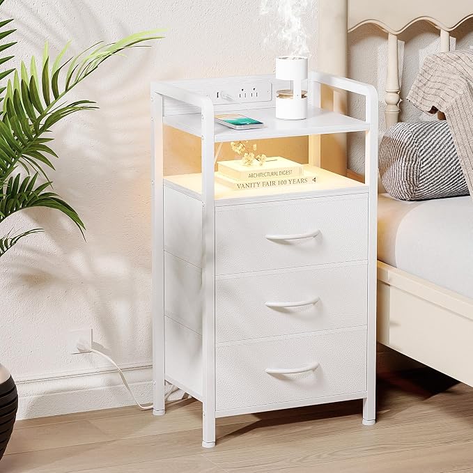 Lazzanto Nightstand with Rear Charging Station, LED Light, 3 Drawers, White