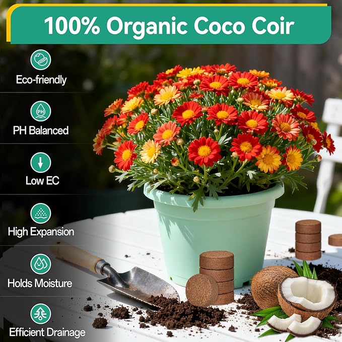 ZeeDix 50pcs(50mm) Coco Coir Pellets Potting Soil Indoor Plants, Compressed Coconut Coir Soil Pellets Seed Starting Pellets Discs for Planting Flowers Bonsai Herbs Plants and Vegetables