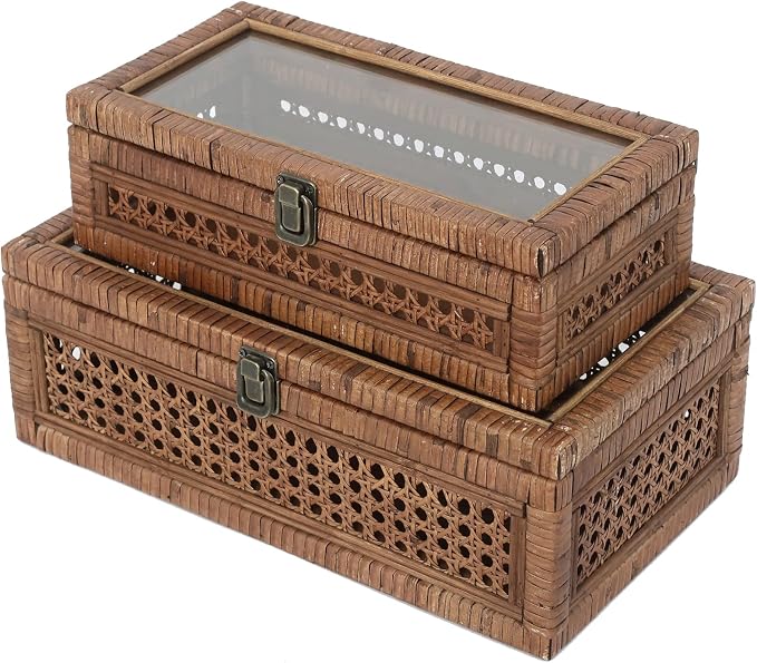 DECOR4SEASON Set of 2 Rattan and Cane Stacking Boxes,Brown,12"&14" | With Glass Top Lid,For Boho and Rustic Farmhouse Decor,Ideal for Storing Jewelry, Toys, and Keepsakes