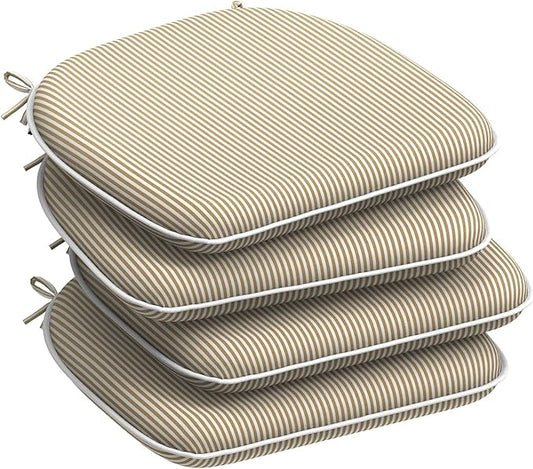 DYTXIII Set of 4 Outdoor Chair Cushions with Ties,Water Repellent Patio Chair Pads 17"x 16" for Outdoor Furniture,Round Corner Seat Cushions for Garden Yard Kitchen Stripe Beige