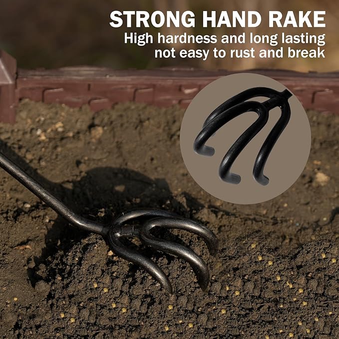 ROYTOA Hand Cultivator Rake, Ergonomic Small Garden Rake with Walnut Handle & 4 Durable Tines, Garden Tools for Weeding, Digging and Cultivating