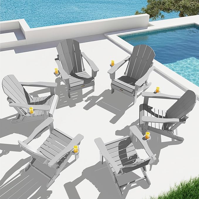 SERWALL Foldable Adirondack Chair Set of 2, Weather Resistant for Patio Chairs with Cup Holder Patio Garden Outdoors Fire Pit-Space Grey