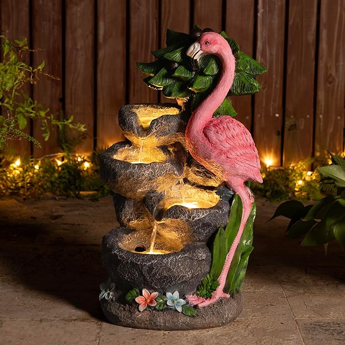 Glitzhome Outdoor Water Fountain, 4-Tiered Flamingo Outdoor Fountain with Lights, 23.5" H Polyresin Decorative Waterfall Feature Garden Fountain with Pump for Garden, Patio, Yard, Deck, Porch Decor