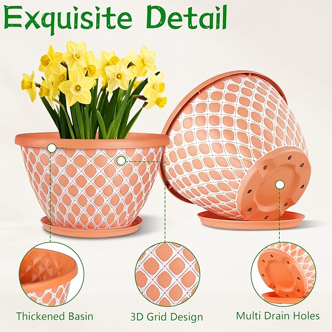 Nooulap 4 Pack 10 Inch Flower Pots with Drainage, Plastic Planters for Indoor Outdoor Plants, Orange Lattice Design Plant Pots for Balcony Patio Porch Garden Decor
