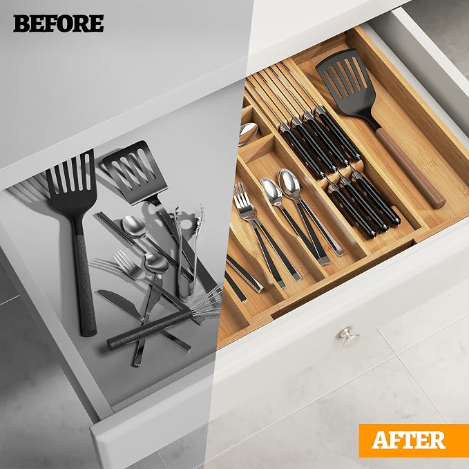 Bamboo Silverware Drawer Organizer, 6-8 Slots Kitchen Drawer Tray