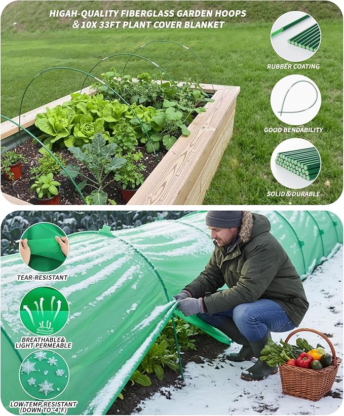 10ft x 30ft Plant Frost Protection Cover, 1.3 oz/yd² Reusable Freeze Blanket with 36 Hoops & 12 Stakes, Garden Greenhouse Tunnel for Winter Snow, Frost & Pest Protection on Outdoor Raised Beds