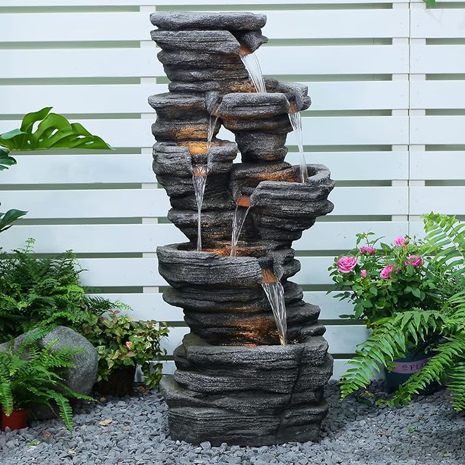 Bumilgar 42.5" H Garden Outdoor Water Fountain with LED Lights & Pump, Mutiply-Tier Cascading Outdoor Fountain Suitable for Garden/Patio/Yard/Deck/Balcony and Home Art Decor（Resin）