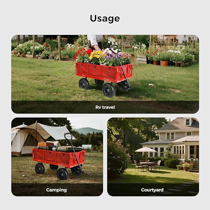 SUNNYFEEL 500 Lbs Capacity Heavy Duty Mesh Steel Garden Cart,Folding Utility Wagon with Removable Side Nets, Non-Slip Rubber Base, Red,Upgraded Version