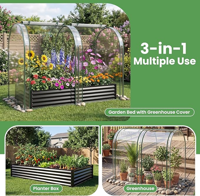 Giantex Galvanized Raised Garden Bed with Greenhouse Cover, 6x3x1 FT Outdoor Metal Oval Tall Planter Box with 2 Roll-up Windows, Clear PVC Mini Greenhouse for Vegetables Flowers Herbs Patio (Black)