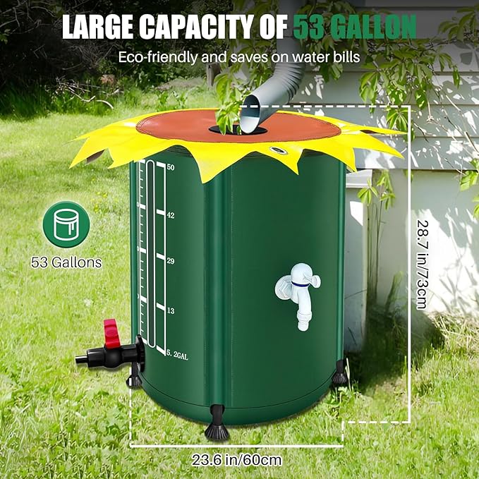 53 Gallon Collapsible Rain Barrel, Rain Water Collection Barrel with 1000D Oxford Cloth, Portable Rainwater Collection System with Spigot and Overflow Kit