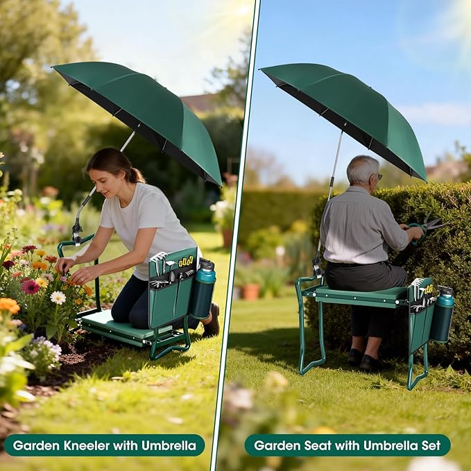 2-in-1 Garden Kneeler with Umbrella, Garden Kneeling Bench & Green Umbrella, Portable Garden Stool Loads Capacity 330lb and Garden Tools Bag with bottle holder, Gardening Gifts for Women,Men,Seniors
