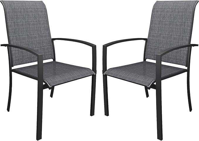 DIFY Patio Chairs Set of 2, Stackable Outdoor Dining Chairs with High Back & Metal Frame, All Weather Breathable Textilene Fabric Outdoor Chairs Set for Backyard Garden Deck, Dark Grey