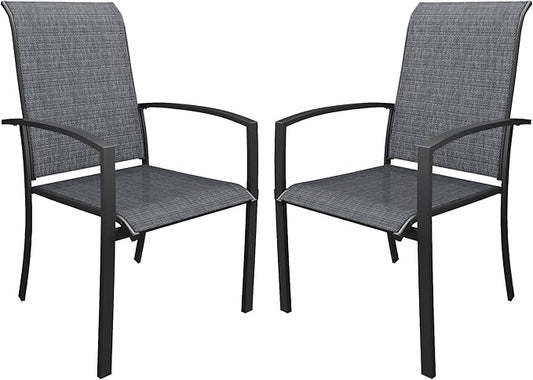 DIFY Patio Chairs Set of 2, Stackable Outdoor Dining Chairs with High Back & Metal Frame, All Weather Breathable Textilene Fabric Outdoor Chairs Set for Backyard Garden Deck, Dark Grey