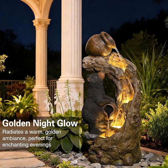 Sunlinua 34" H Decorative Bear Outdoor Water Fountain, Resin Water Fountain with LED Lights, Waterfall Fountains Indoor and Outdoor for Patio, Porch, Courtyard, Home Decor