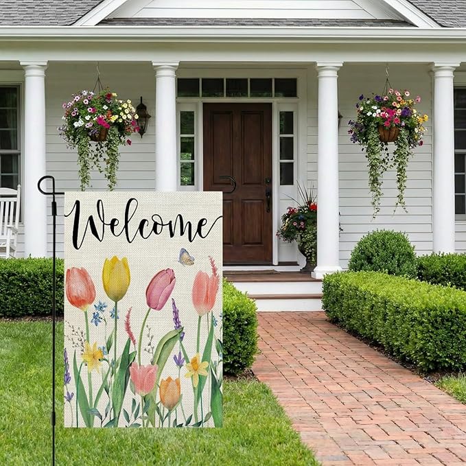 CROWNED BEAUTY Spring Garden Flag Floral 12x18 Inch Double Sided for Outside Tulips Welcome Burlap Small Yard Holiday Decoration