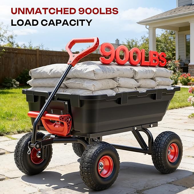Autodaya 900LB Garden Dump Cart, 2026 Upgraded Heavy Duty Wheelbarrow Cart with 10" Non-Slip Pneumatic Tires & Quick-Release System, 4-Wheel Steel Frame Wagon for Transportation in Yard, Farm, Garden