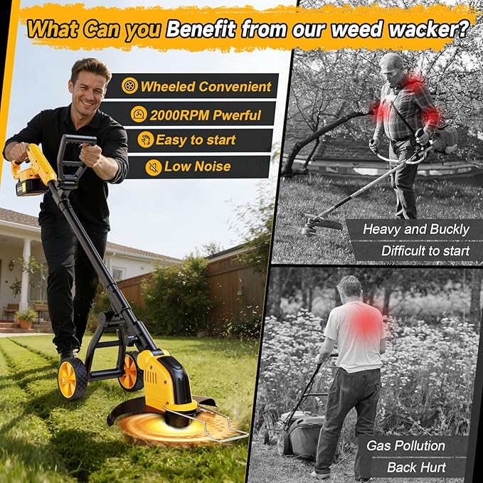 4-in-1 Electric Weed Wacker Cordless Edger Trimmer Brush Cutter, 20000RPM Weed Eater Battery Powered, Heavy Duty/Weed Trimmer/Lawn Mower W/Wheel Metal Blade, 2 Battery Garden