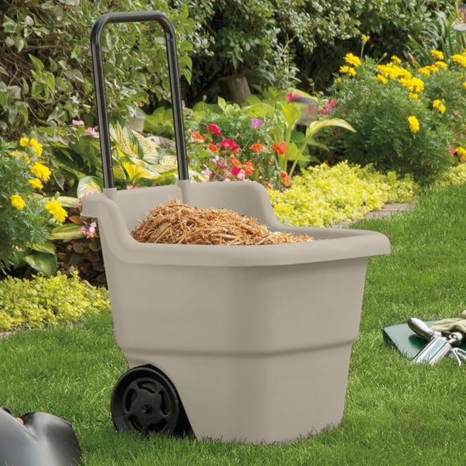 15 Gallon Resin Rolling Lawn and Utility Cart, Lightweight Resin Yard Hauler with Retractable Handle and 7 Inch Wheels for Multi-Purpose Outdoor Use 20.75 in D x 35.75 in H x 22.5 in W