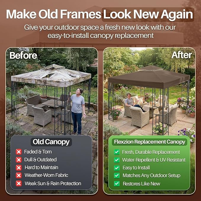 Flexzion Gazebo Cover Replacement Canopy Top (10x10 ft/ 120''x120") - Double Tier Top Canopy Cover Replacement with UV30+, Dirt, Water Resistant for Outdoor, Sunshade, Garden, Patio, Pavilion (Brown)