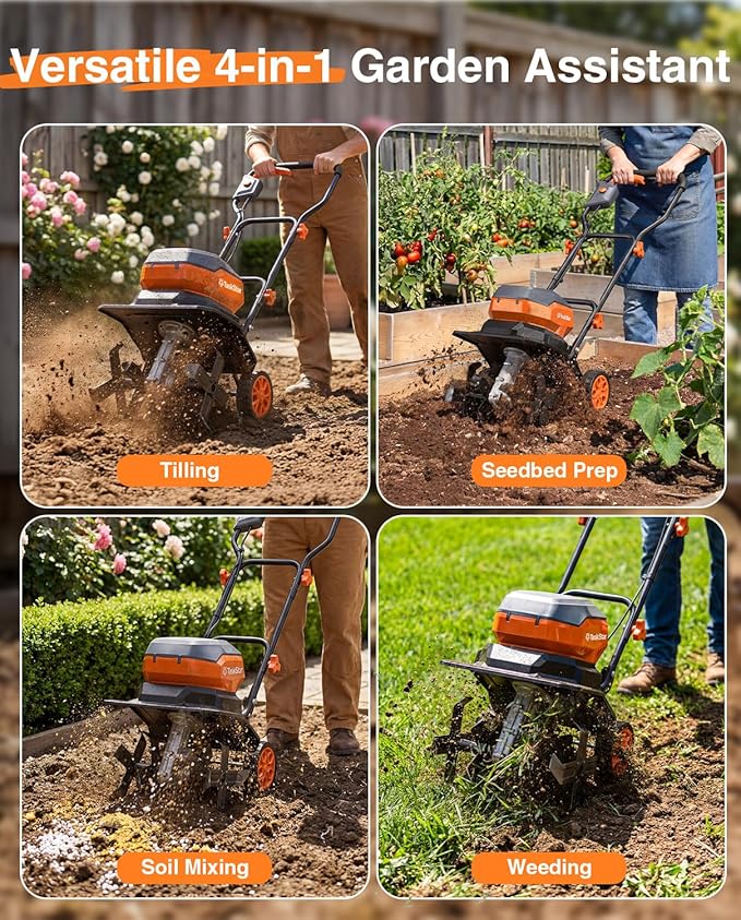 12 Inch Electric Tiller Cultivator, 40V Cordless Tiller for Gardening with 2 * 5.0 Ah Batteries, 8 Inch Depth Rototillers Battery Powered with Adjustable Wheels for Lawn Yard Weeding Soil Cultivation