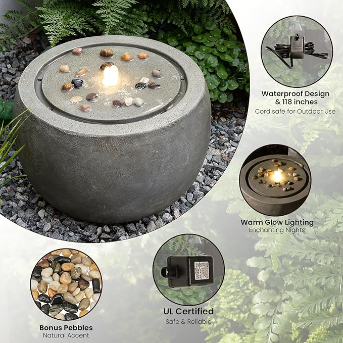 Tankana Garden Water Fountain Outdoor Bubbler Water Feature Indoor with Lights & Pump and Pebbles Waterfall Fountains Concrete Effect for Patio Deck Yard Home Decor Gray, 18 "L x 18" W x 11.5" H