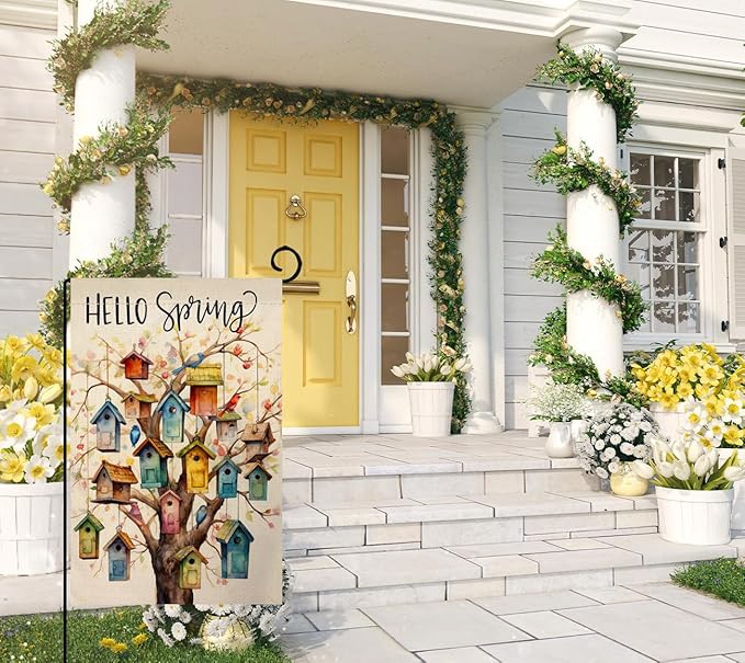 BLKWHT Spring Bird Garden Flag 12x18 Vertical Double Sided Floral Tree Farmhouse Holiday Outside Decorations Burlap Yard Flag BW578