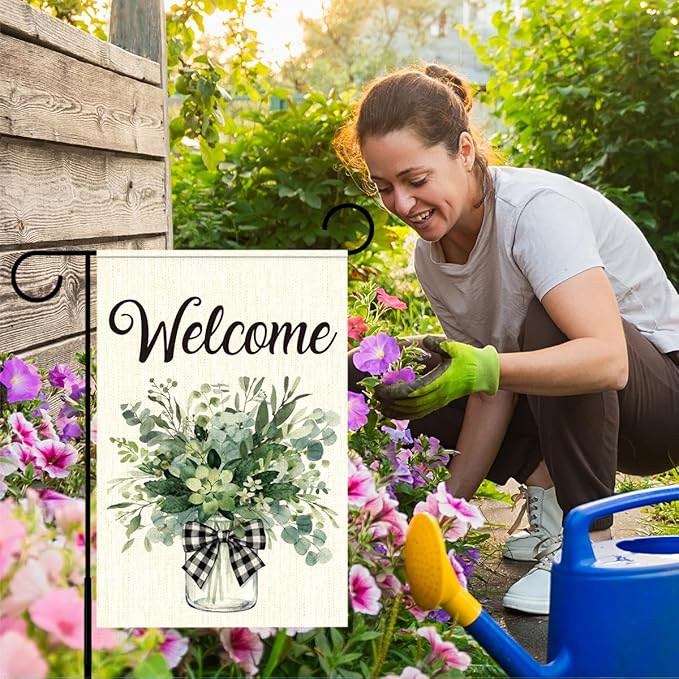 Welcome Flags for Outside,Spring Eucalyptus Mason Jar Garden Flag for Yard Patio Lawn Decoration,12x18 Inch Double Sided
