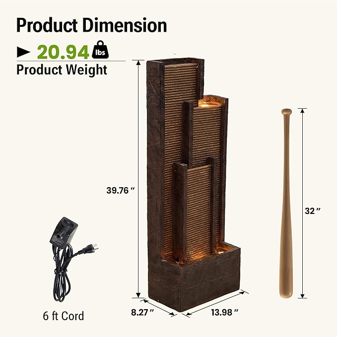 40-Inch Outdoor Water Fountain, Indoor & Outdoor Resin Waterfall Fountains with Soothing Water Sound & 4 Warm LED Lights, Home Art Decor for Garden, Patio, Yard, Porch, Deck, Balcony in Brown
