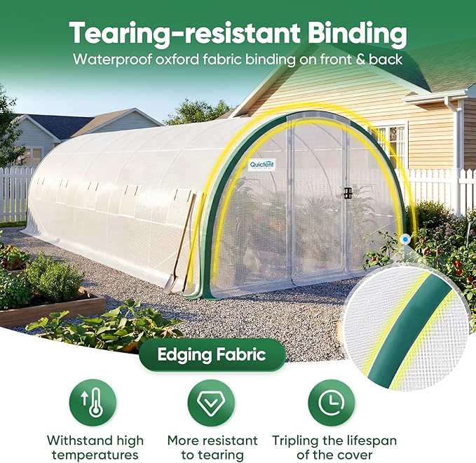 Quictent 25x10x6.6 FT Premium Greenhouse for Outdoors with 2 Door Frames, Reinforced Top Structure & Cover, Large Heavy Duty Walk-in Tunnel Hoop Green House for Garden Backyard Flower Winter, White