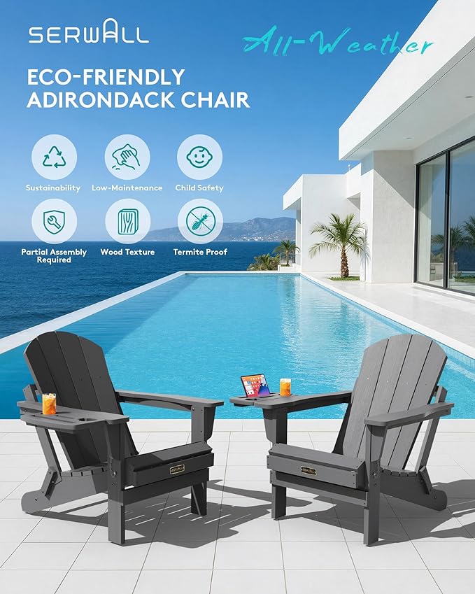 SERWALL Folding Adirondack Chair Set of 4, Outdoor Adirondack Chairs with 4 in 1 Cup Holder, Wood Texture Patio Chairs, Weather Resistant Fire Pit Chairs for Patio Deck Garden, Backyard Deck - Gray