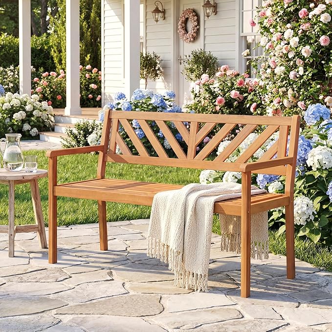 Tangkula Acacia Wood Outdoor Loveseat Bench, 2-Person Patio Garden Bench with Armrests & Backrest, Slatted Wooden Outside Seating Furniture for Backyard, Porch, Deck (V-Shaped Backrest)