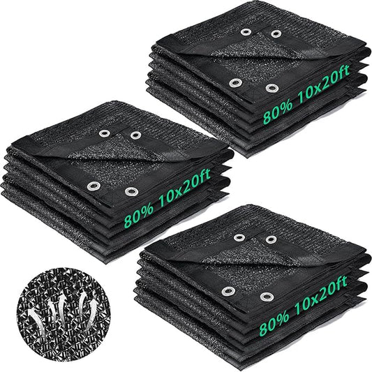 3 Pcs 80% Shade Cloth 10 x 20 ft Black Shade Cloth Mesh Garden Mesh Shade Canopy with Reinforced Grommets Sun Mesh Tarp Shade Net for Greenhouse, Plant, Garden, Flowers Heat Protection