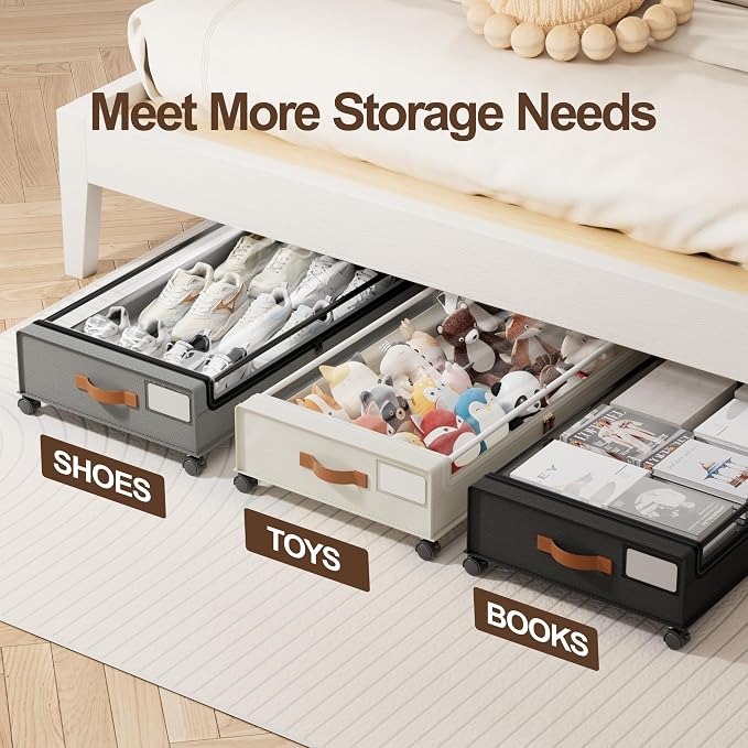 LAMU Under Bed Storage with Wheels, 2Pack Underbed Storage Containers,Beige