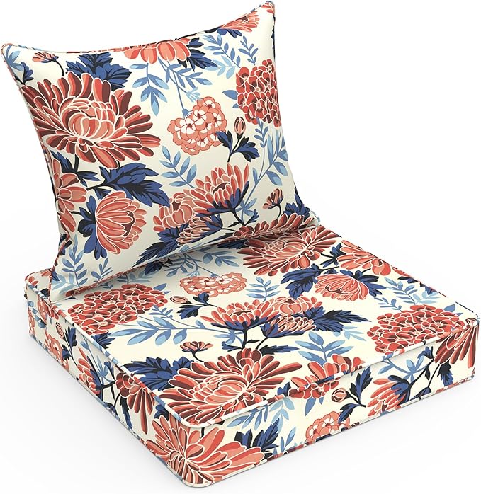 LVTXIII Outdoor Deep Seat Cushion 22"x22"x4" Patio Seat and Back Cushion Set Seasonal Chair Cushion for Dining Arm Chairs, Wicker Chairs and Garden Furniture Decoration, Red Chrysanthemum
