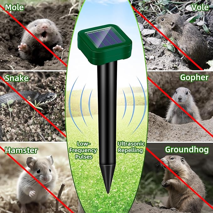 2026 Upgraded Mole Repellent Solar Powered Rodent Repellent Outdoor Ultrasonic Waterproof Pest Deterrent for Yard Lawn Garden Drives Away Rodent Voles Skunk Groundhogs Snake Chipmunks Raccoons 8 Pack