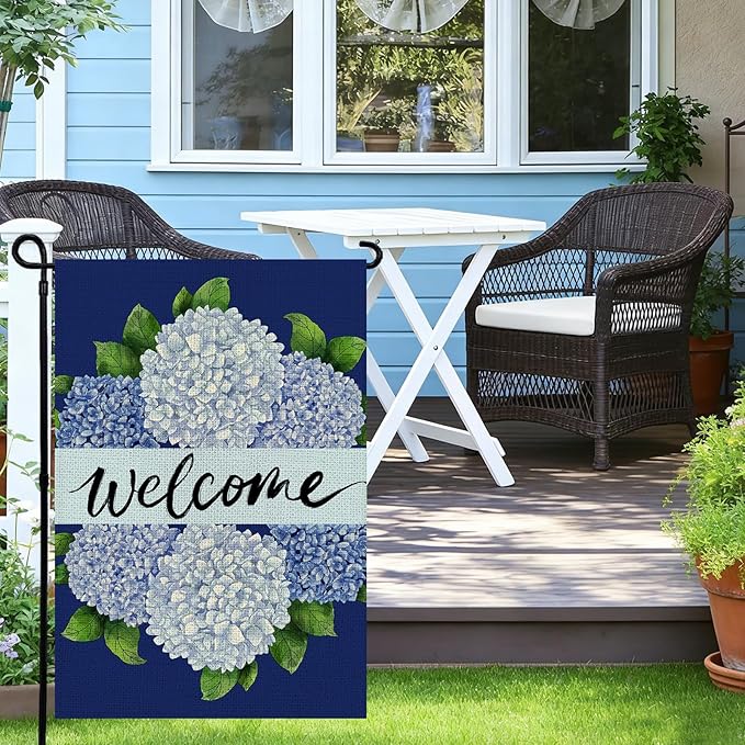 Spring Summer Garden Flag 12x18 Inch Double Sided, Hydrangea Floral Welcome Flag for Yard Outdoor Decoration