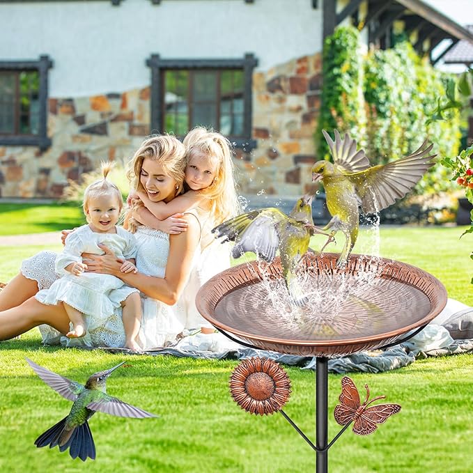Metal Bird Bath for Outside, Vintage Birdbaths Removable Feeder Bowl with Butterfly Flower, Easy to Clean Birdfeeder for Outdoors Garden Yard Lawn Decor