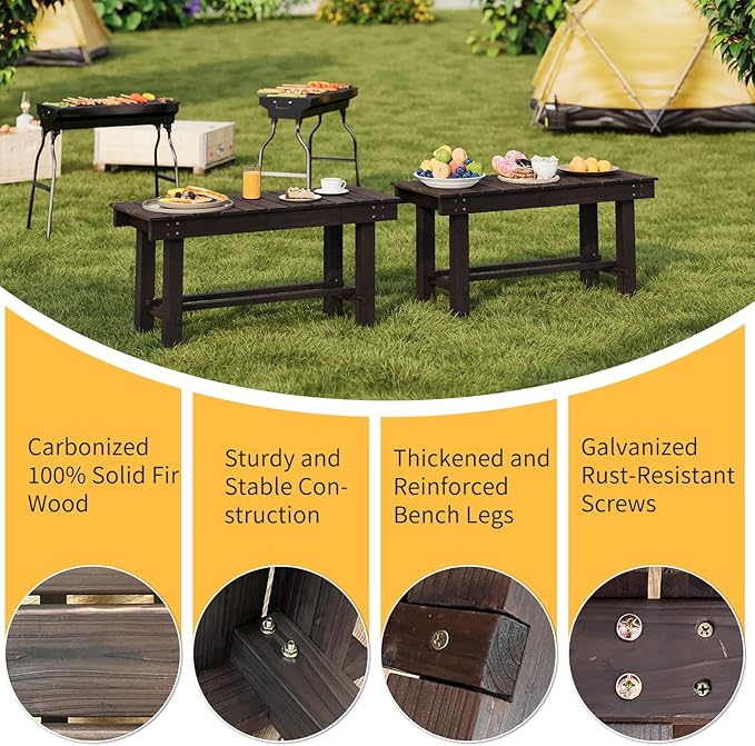Wood Outdoor Garden Bench, 2-Person Seat 35" Backless Bench, 100% Solid Fir Carbonized Weatherproof Patio Bench,Indoor Bathroom Seat Entryway Shoe Bench for Garden Porch Backyard Pool Balcony (Small)