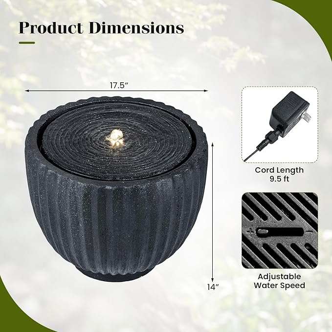 Giantex 18" Round Outdoor Water Fountain with 6 LED Lights, Stone Gray Resin Sphere Waterfall Feature with Adjustable Pump, Lighted Bubbling Fountain for Garden Patio Porch Decor (17.5" Dia. x 14" H)