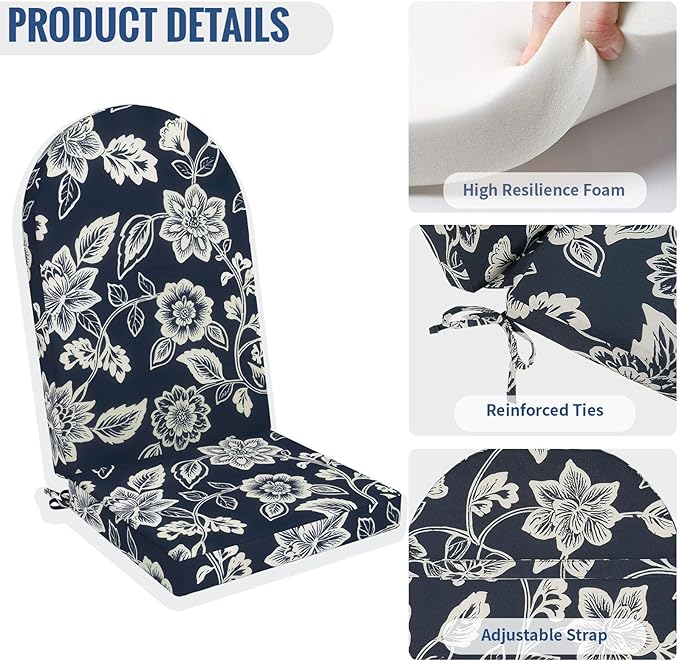 Outdoor Foam Adirondack Cushion, Water Repellent Foam Cushion for Adirondack Chairs Patio Furniture, 44 x 19 Inch, Elegant Vines Navy