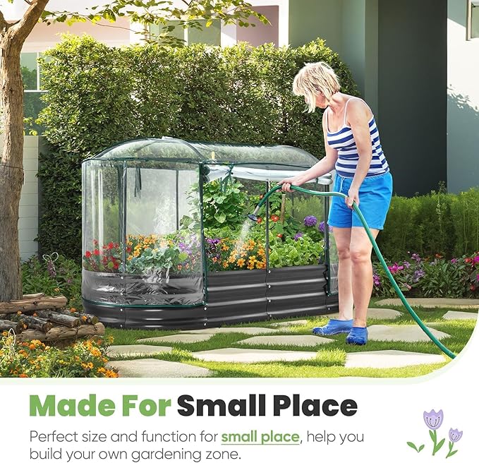 KING BIRD Raised Garden Bed with Cover Galvanized Oval Planter Garden Box Outdoor for Gardening, Vegetables, Flowers 71x36x12 in, White